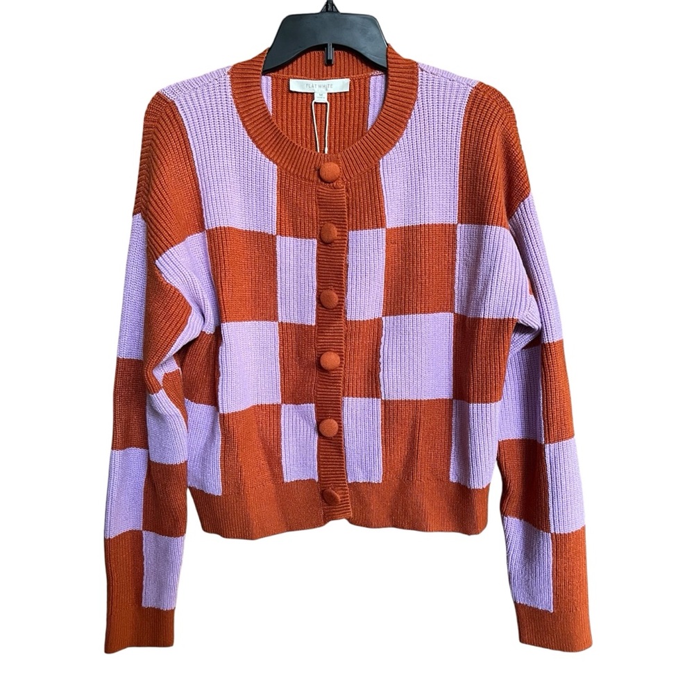 Flat White NWT Pink Orange Checkered Women's Cardigan Sweater Size M